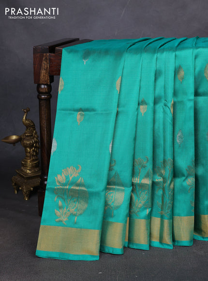 Pure uppada silk saree teal green with allover silver & zari woven buttas and zari woven border
