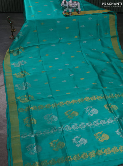 Pure uppada silk saree teal green with allover silver & zari woven buttas and zari woven border
