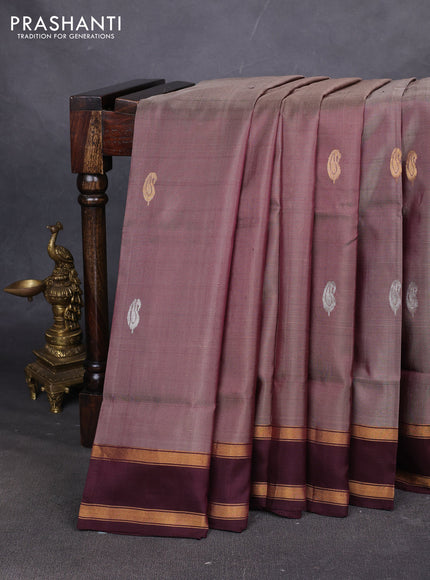 Pure uppada silk saree brown and coffee brown with allover silver & zari woven buttas and rettapet zari woven border