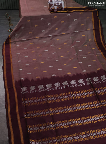 Pure uppada silk saree brown and coffee brown with allover silver & zari woven buttas and rettapet zari woven border