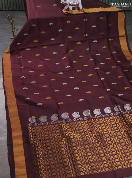 Pure uppada silk saree coffee brown with allover silver & zari woven buttas and zari woven border