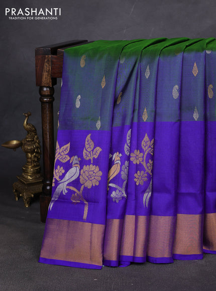 Pure uppada silk saree dual shade of greenish blue and royal blue with allover zari woven buttas and long simple zari woven border
