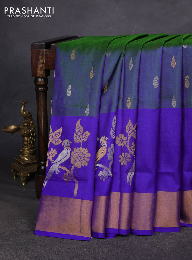 Pure uppada silk saree dual shade of greenish blue and royal blue with allover zari woven buttas and long simple zari woven border