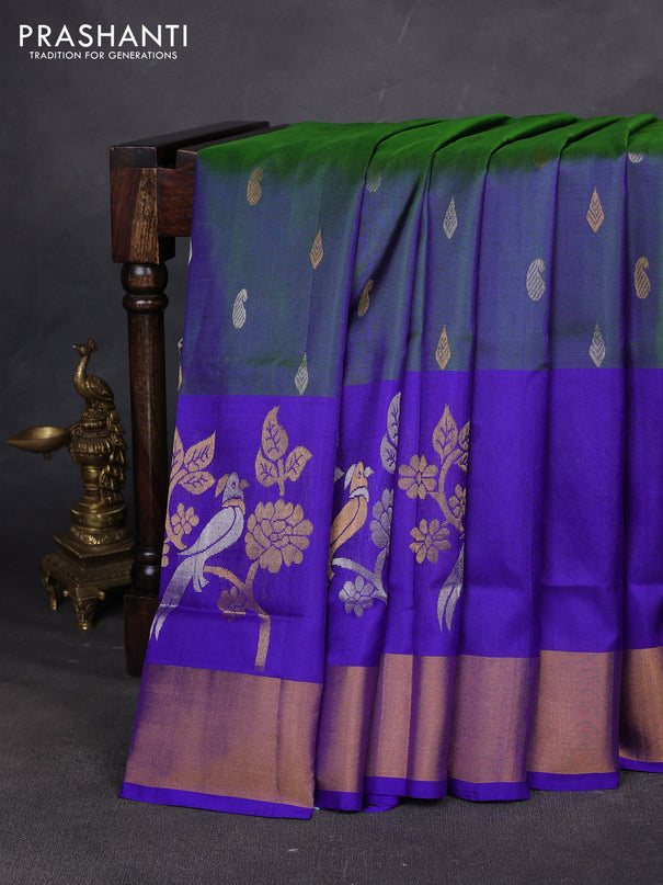 Pure uppada silk saree dual shade of greenish blue and royal blue with allover zari woven buttas and long simple zari woven border