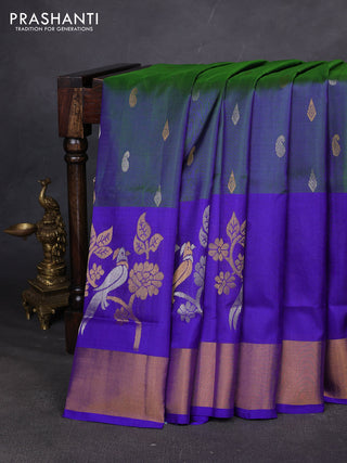 Pure uppada silk saree dual shade of greenish blue and royal blue with allover zari woven buttas and long simple zari woven border