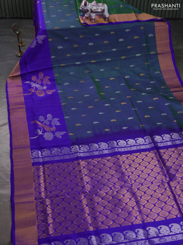 Pure uppada silk saree dual shade of greenish blue and royal blue with allover zari woven buttas and long simple zari woven border