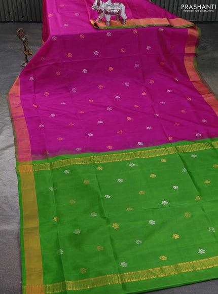 Pure uppada silk saree pink and light green with allover silver & zari woven buttas and zari woven simple border