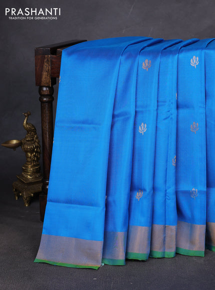 Pure uppada silk saree cs blue and light green with allover silver & zari woven buttas and zari woven simple border