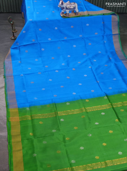 Pure uppada silk saree cs blue and light green with allover silver & zari woven buttas and zari woven simple border