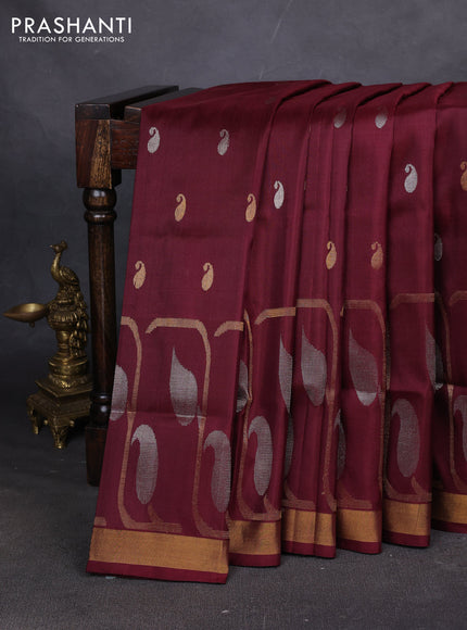 Pure uppada silk saree deep maroon with allover paisley zari woven buttas and zari woven border