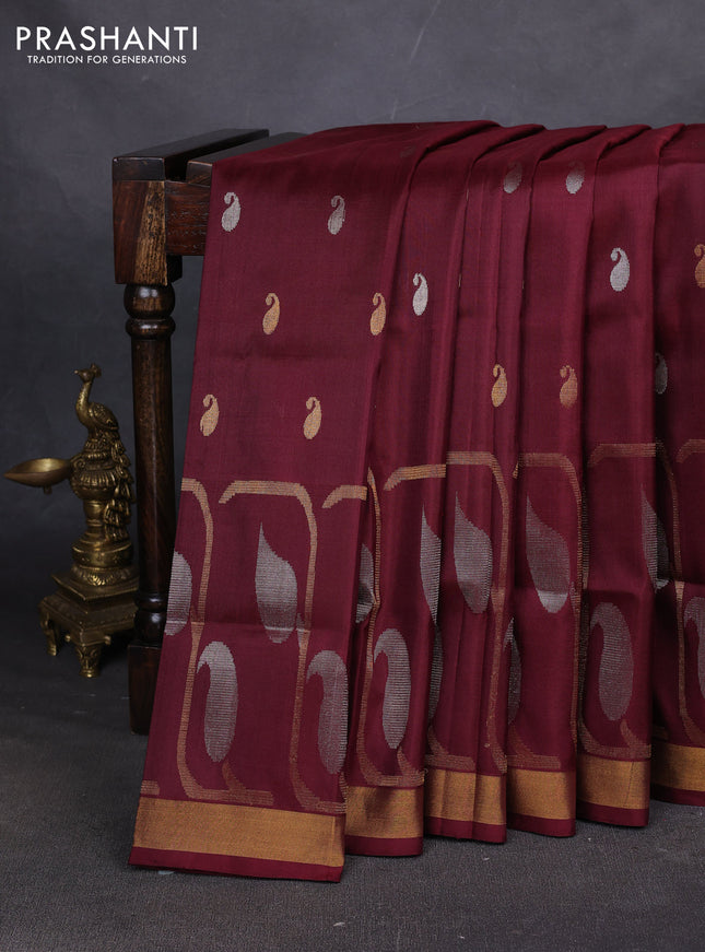 Pure uppada silk saree deep maroon with allover paisley zari woven buttas and zari woven border
