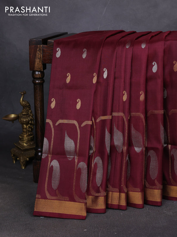 Pure uppada silk saree deep maroon with allover paisley zari woven buttas and zari woven border