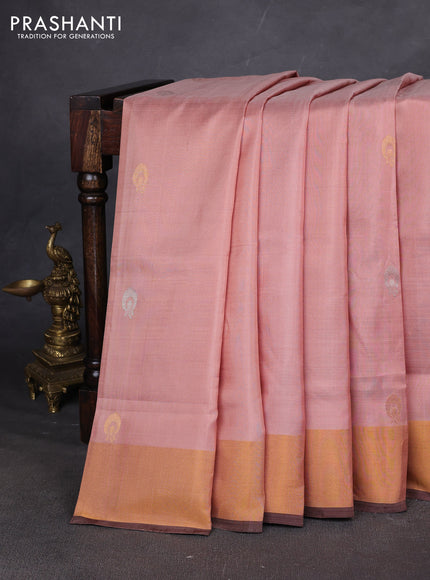 Pure uppada silk saree pastel peach and coffee brown with allover silver & zari woven buttas and zari woven simple border