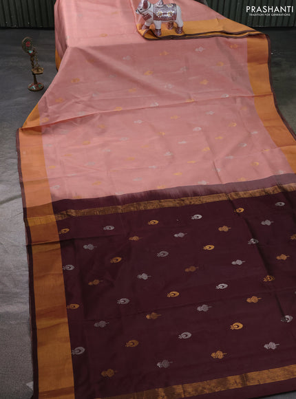 Pure uppada silk saree pastel peach and coffee brown with allover silver & zari woven buttas and zari woven simple border