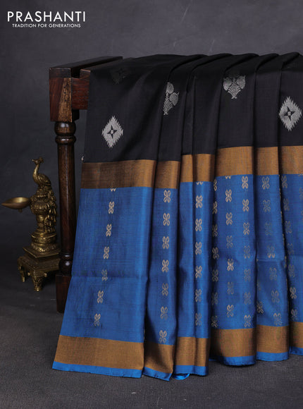 Pure uppada silk saree black and cs blue with allover zari woven buttas and long rettapet zari woven butta border