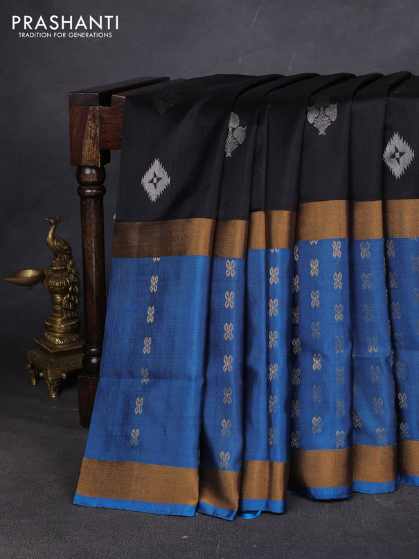 Pure uppada silk saree black and cs blue with allover zari woven buttas and long rettapet zari woven butta border