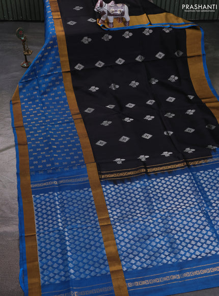 Pure uppada silk saree black and cs blue with allover zari woven buttas and long rettapet zari woven butta border