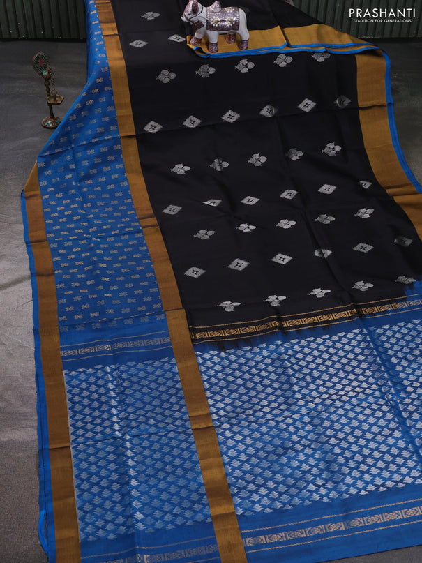 Pure uppada silk saree black and cs blue with allover zari woven buttas and long rettapet zari woven butta border