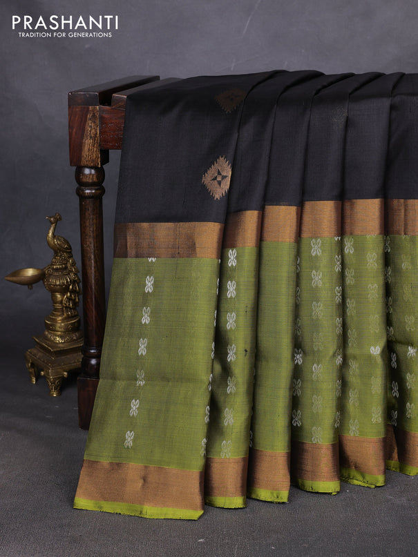 Pure uppada silk saree black and light green with allover silver & zari woven buttas and rettapet zari woven butta border