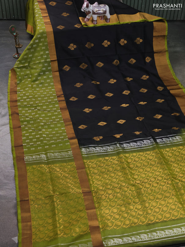 Pure uppada silk saree black and light green with allover silver & zari woven buttas and rettapet zari woven butta border