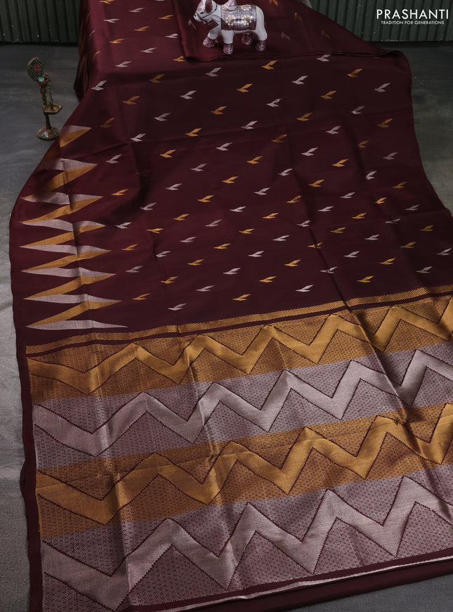 Pure uppada silk saree coffee brown with allover silver & zari woven buttas and long zari zigzag border