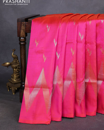 Pure uppada silk saree dual shade of pinkish orange with allover silver & zari woven buttas and long zari zigzag border