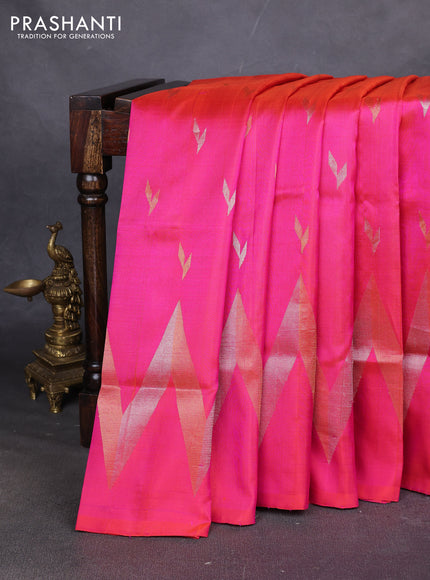 Pure uppada silk saree dual shade of pinkish orange with allover silver & zari woven buttas and long zari zigzag border