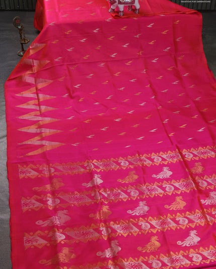 Pure uppada silk saree dual shade of pinkish orange with allover silver & zari woven buttas and long zari zigzag border