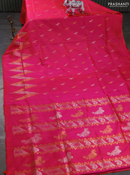 Pure uppada silk saree dual shade of pinkish orange with allover silver & zari woven buttas and long zari zigzag border