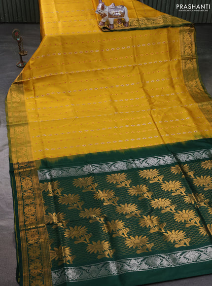 Pure uppada silk saree mustard yellow and bottle green with allover zari woven buttas and zari woven border