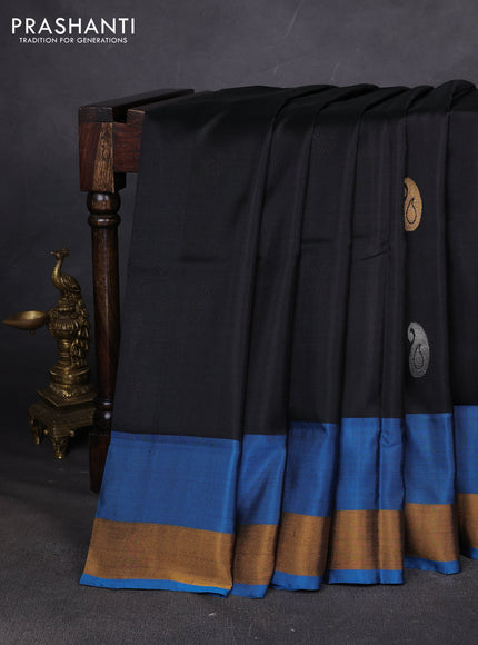 Pure uppada silk saree black and peacock blue with allover silver & zari woven buttas and simple zari woven border