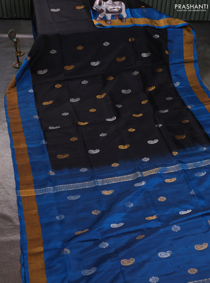 Pure uppada silk saree black and peacock blue with allover silver & zari woven buttas and simple zari woven border