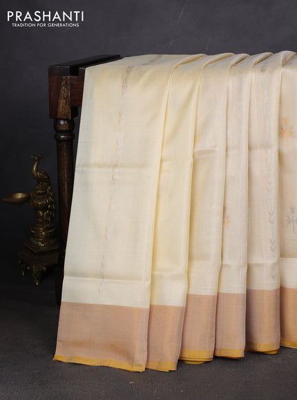 Pure uppada silk saree cream and mustard yellow with allover zari stripe & buttas and zari woven border