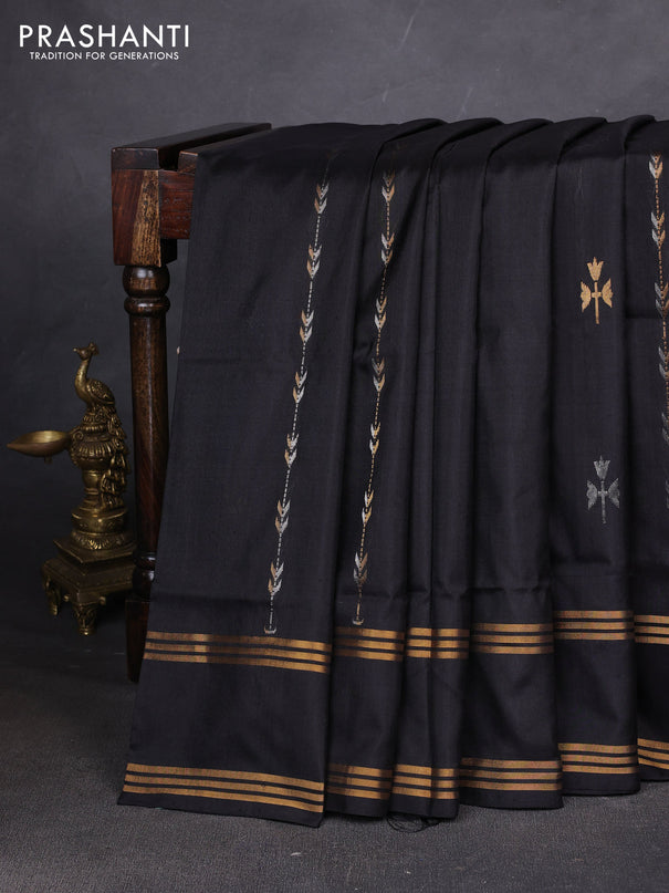 Pure uppada silk saree black with allover zari stripe & buttas and rettapet zari woven border