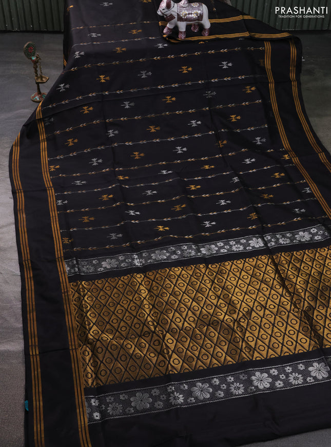 Pure uppada silk saree black with allover zari stripe & buttas and rettapet zari woven border