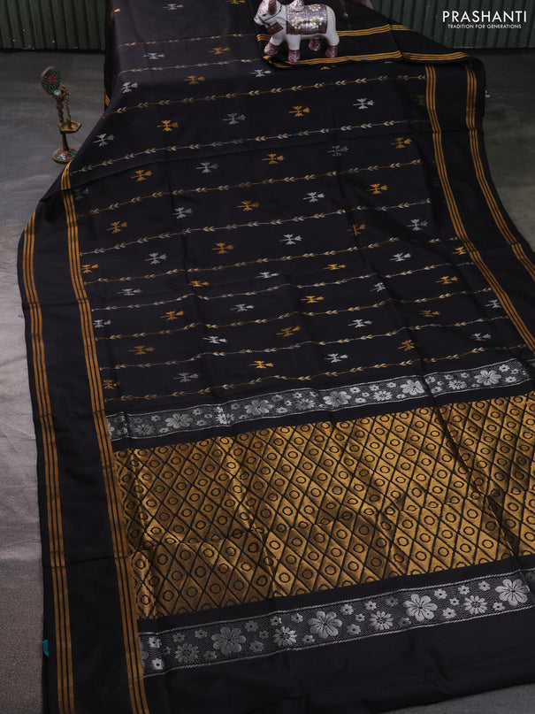 Pure uppada silk saree black with allover zari stripe & buttas and rettapet zari woven border