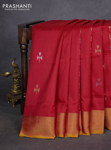 Pure uppada silk saree red and mustard yellow with allover zari stripe & buttas and zari woven border