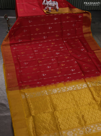 Pure uppada silk saree red and mustard yellow with allover zari stripe & buttas and zari woven border