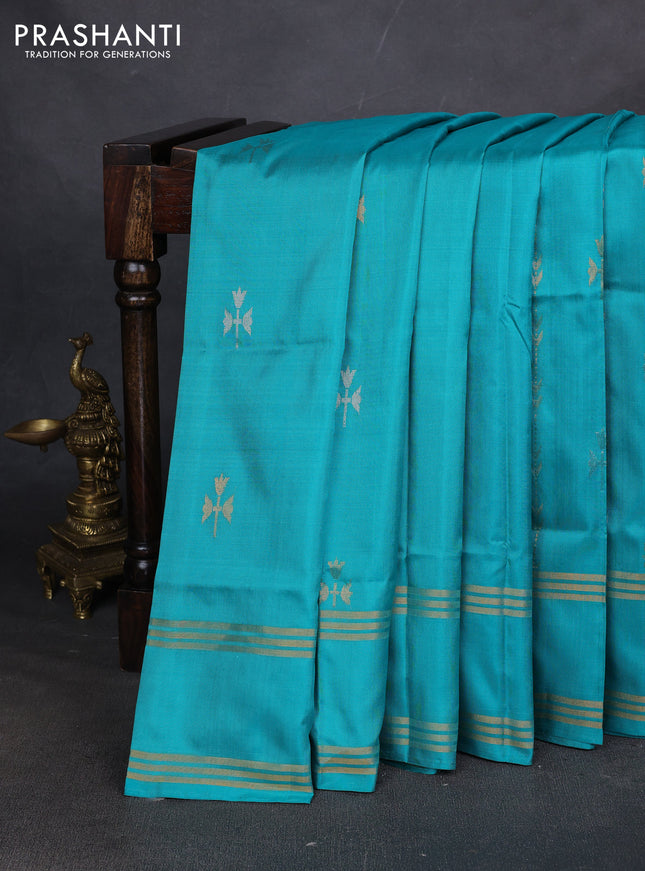 Pure uppada silk saree teal green with allover zari stripe & buttas and rettapet zari woven border