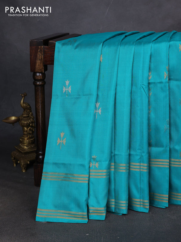 Pure uppada silk saree teal green with allover zari stripe & buttas and rettapet zari woven border
