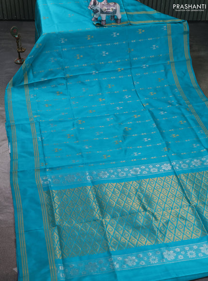 Pure uppada silk saree teal green with allover zari stripe & buttas and rettapet zari woven border
