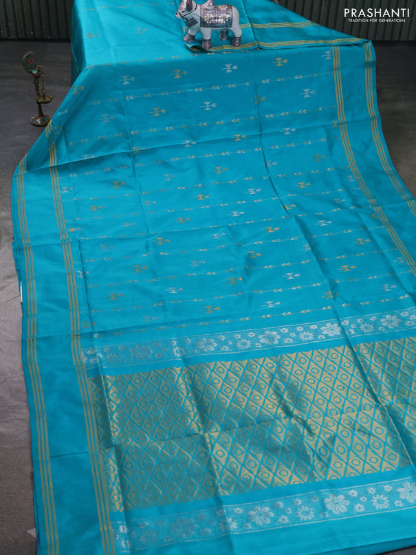 Pure uppada silk saree teal green with allover zari stripe & buttas and rettapet zari woven border