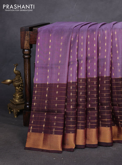 Pure uppada silk saree pastel purple and coffee brown with allover zari woven buttas and long zari woven butta border