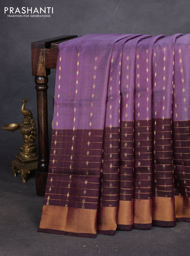 Pure uppada silk saree pastel purple and coffee brown with allover zari woven buttas and long zari woven butta border