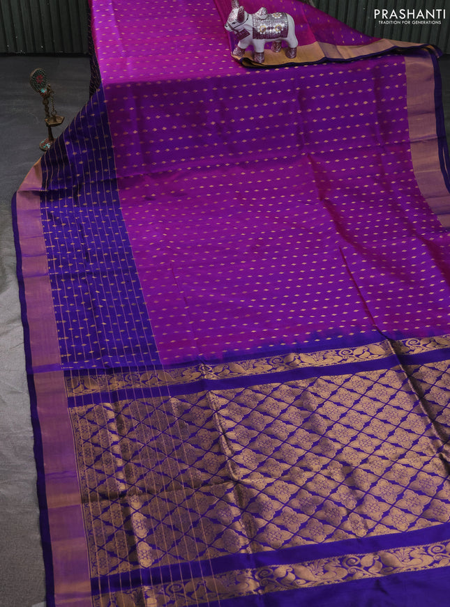 Pure uppada silk saree purple and blue with allover zari woven buttas and long zari woven butta border