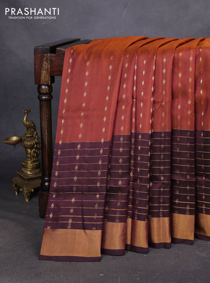 Pure uppada silk saree rust shade and coffee brown with allover zari woven buttas and long zari woven butta border