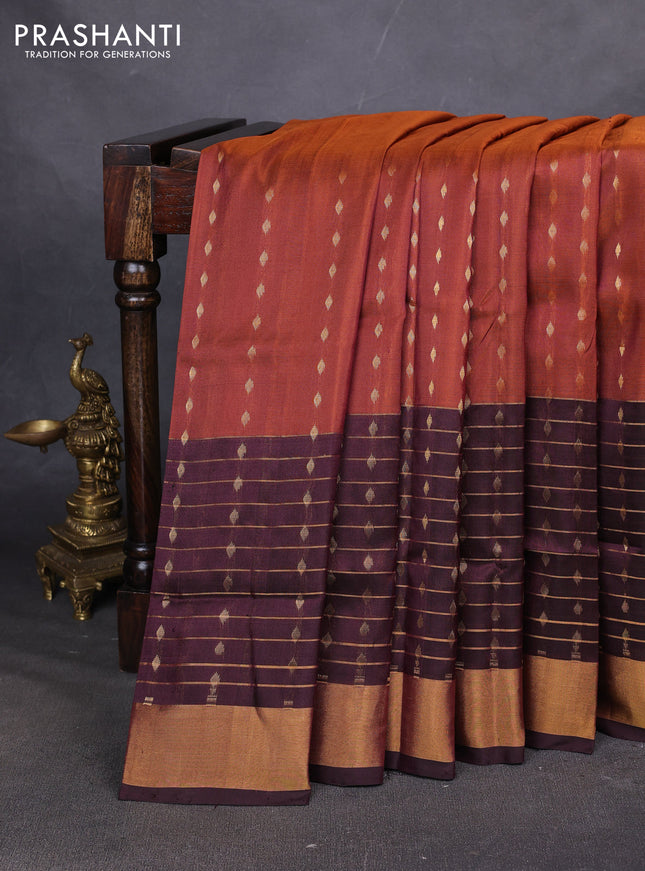 Pure uppada silk saree rust shade and coffee brown with allover zari woven buttas and long zari woven butta border