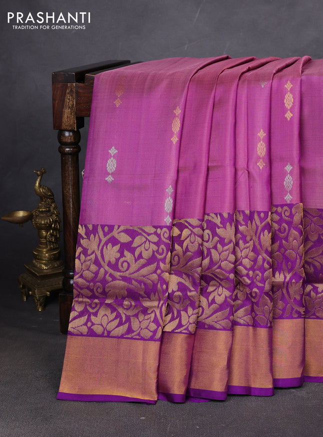Pure uppada silk saree purple and violet with allover silver & zari woven buttas and long zari woven border