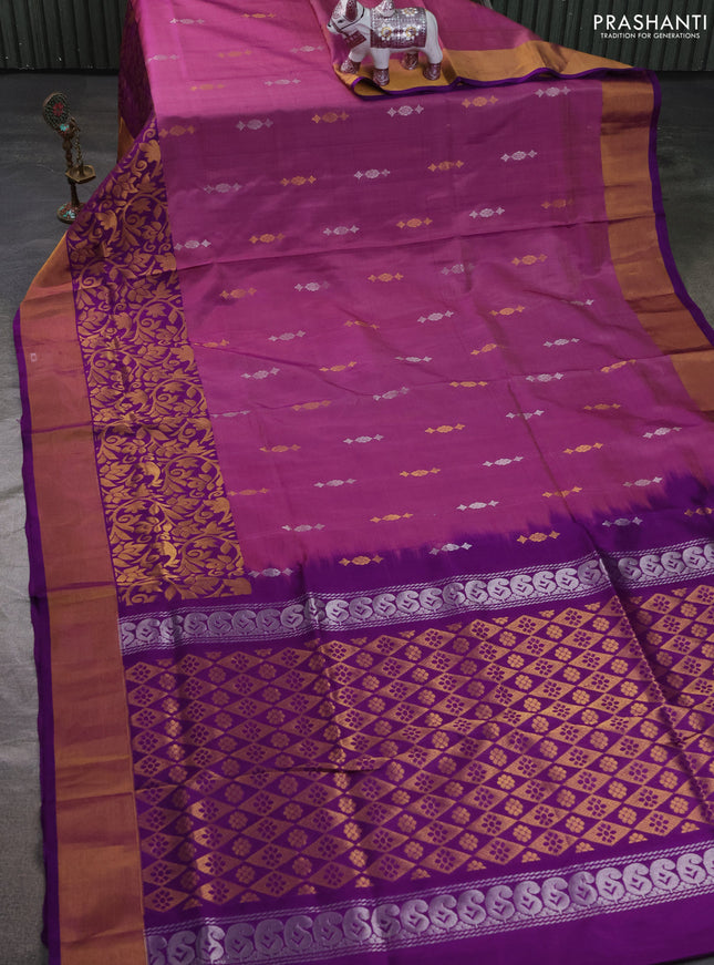 Pure uppada silk saree purple and violet with allover silver & zari woven buttas and long zari woven border
