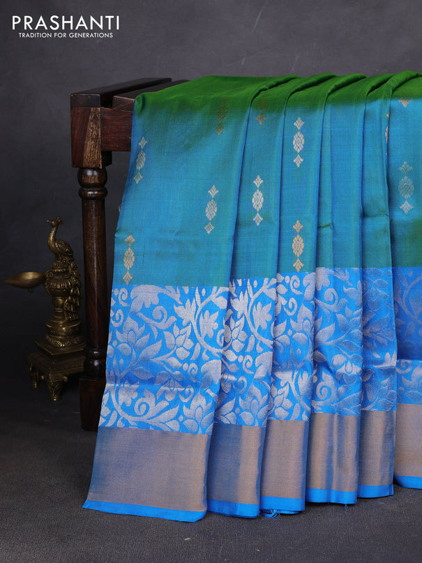 Pure uppada silk saree dual shade of teal bluish green and cs blue with allover silver & zari woven buttas and long zari woven border